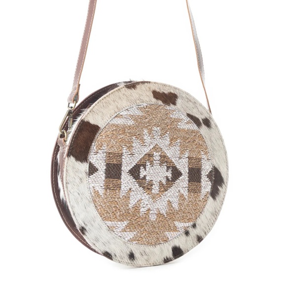 NWT Myra Hair On Hide Aztec Tribal Genuine Leather Boho Round Crossbody Handbag - Picture 3 of 5